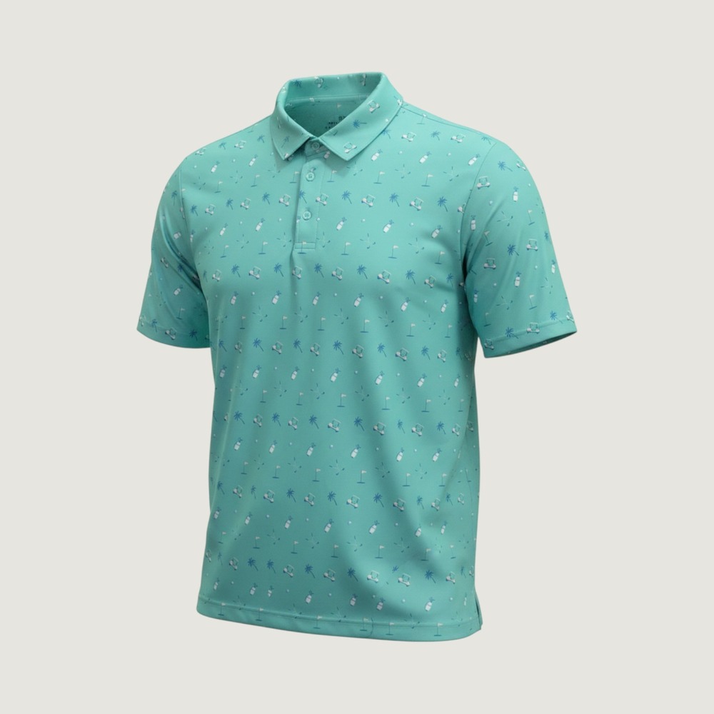 Rorie Whelan Mens XL Teal Golf Polo Shirt Tropical Palm Tree GOLF Cart Print NWT